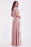 Grey Pink V-Neck A Line Satin Long Mother of the Bride Dress with Sleeves
