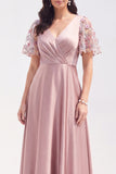 Grey Pink V-Neck A Line Satin Long Mother of the Bride Dress with Sleeves