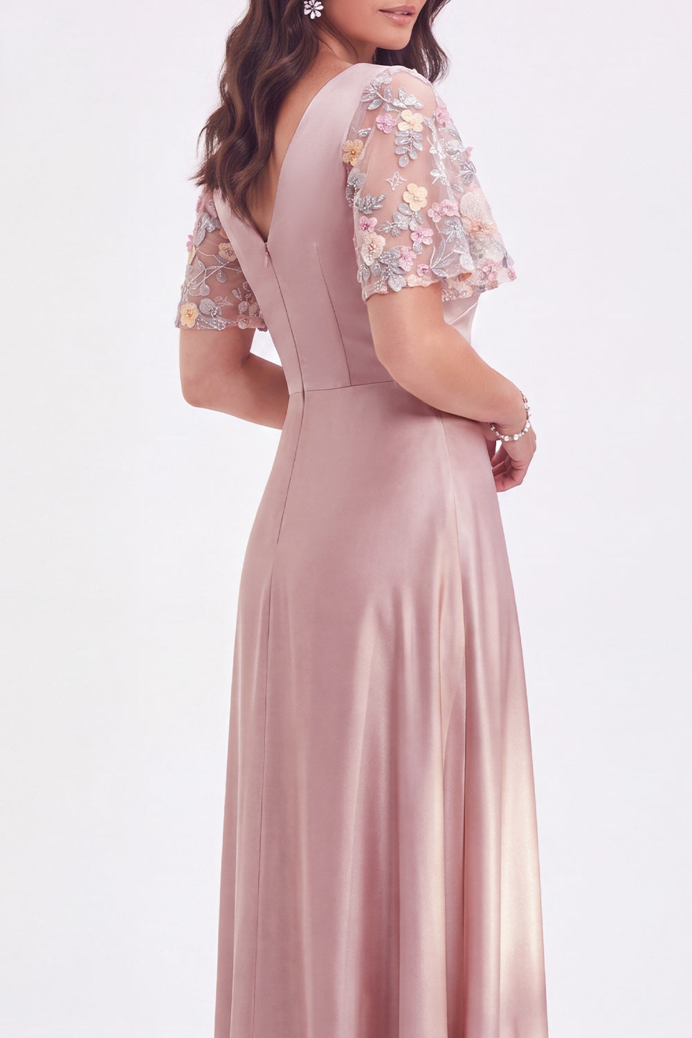 Grey Pink V-Neck A Line Satin Long Mother of the Bride Dress with Sleeves