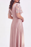 Grey Pink V-Neck A Line Satin Long Mother of the Bride Dress with Sleeves