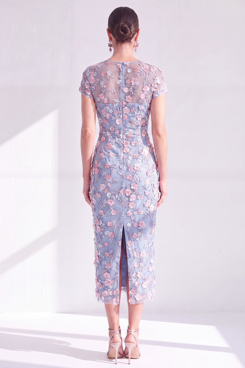 Blue Midi Illusion Round Neck Mother of the Bride Dress with 3D Flowers