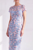 Blue Midi Illusion Round Neck Mother of the Bride Dress with 3D Flowers