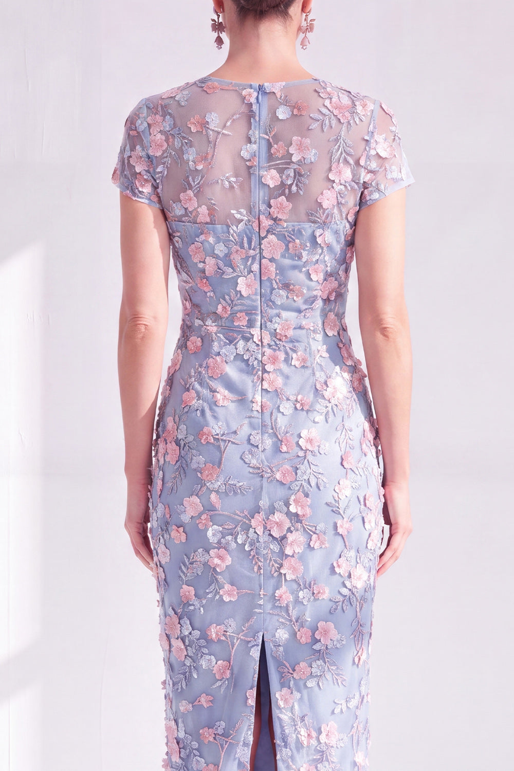 Blue Midi Illusion Round Neck Mother of the Bride Dress with 3D Flowers