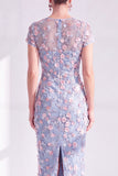 Blue Midi Illusion Round Neck Mother of the Bride Dress with 3D Flowers