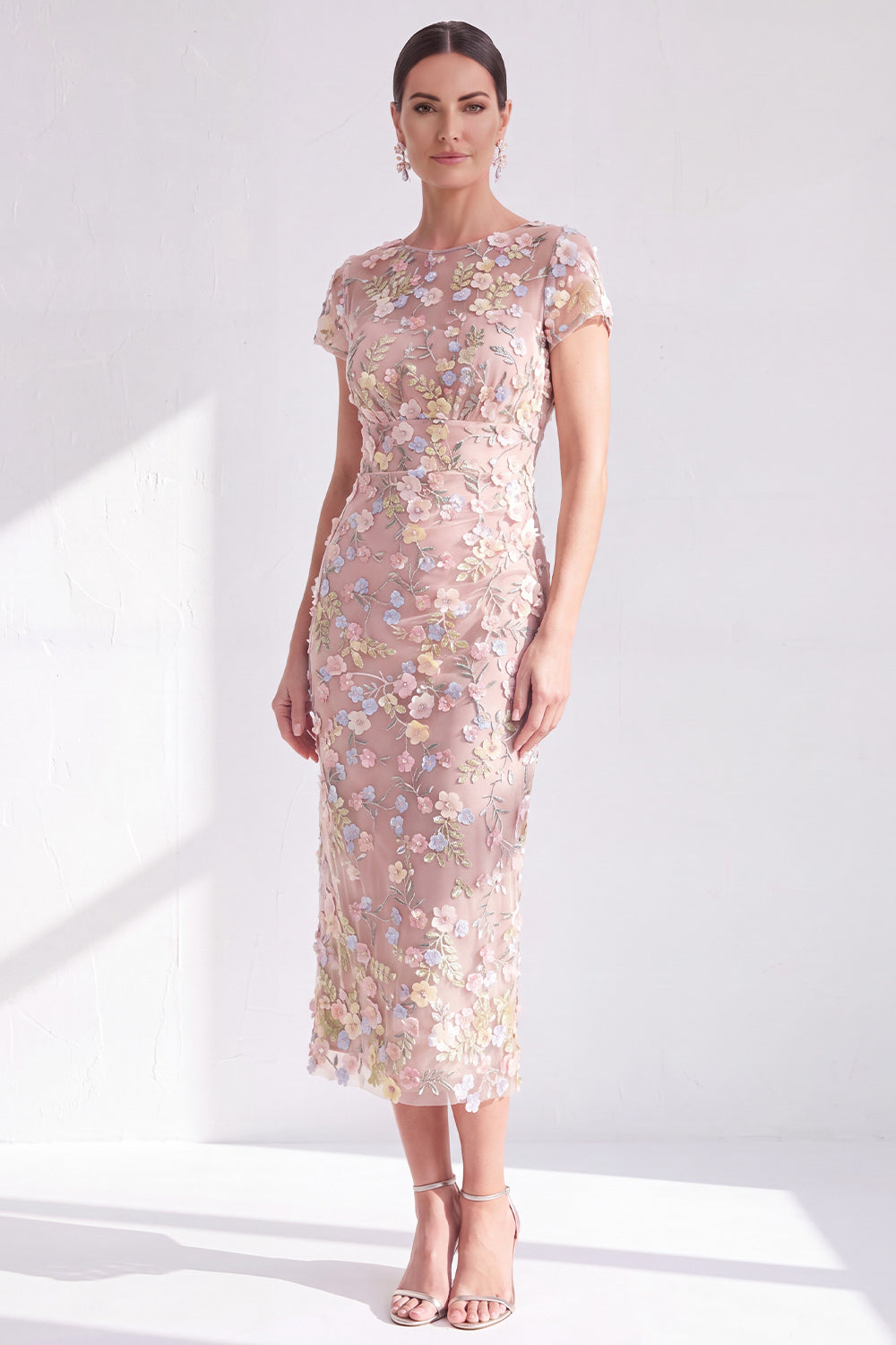 Blue Midi Illusion Round Neck Mother of the Bride Dress with 3D Flowers