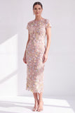 Blue Midi Illusion Round Neck Mother of the Bride Dress with 3D Flowers