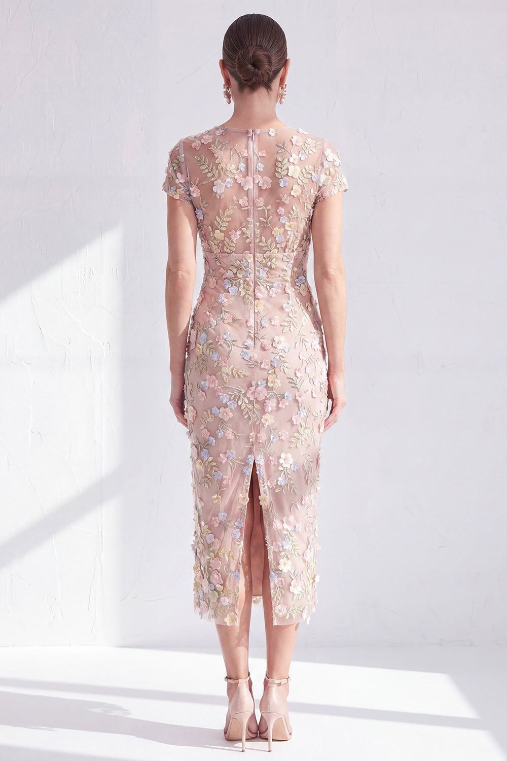 Blue Midi Illusion Round Neck Mother of the Bride Dress with 3D Flowers