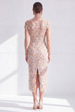 Blue Midi Illusion Round Neck Mother of the Bride Dress with 3D Flowers