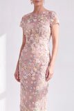 Blue Midi Illusion Round Neck Mother of the Bride Dress with 3D Flowers