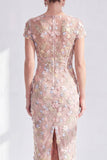 Blue Midi Illusion Round Neck Mother of the Bride Dress with 3D Flowers