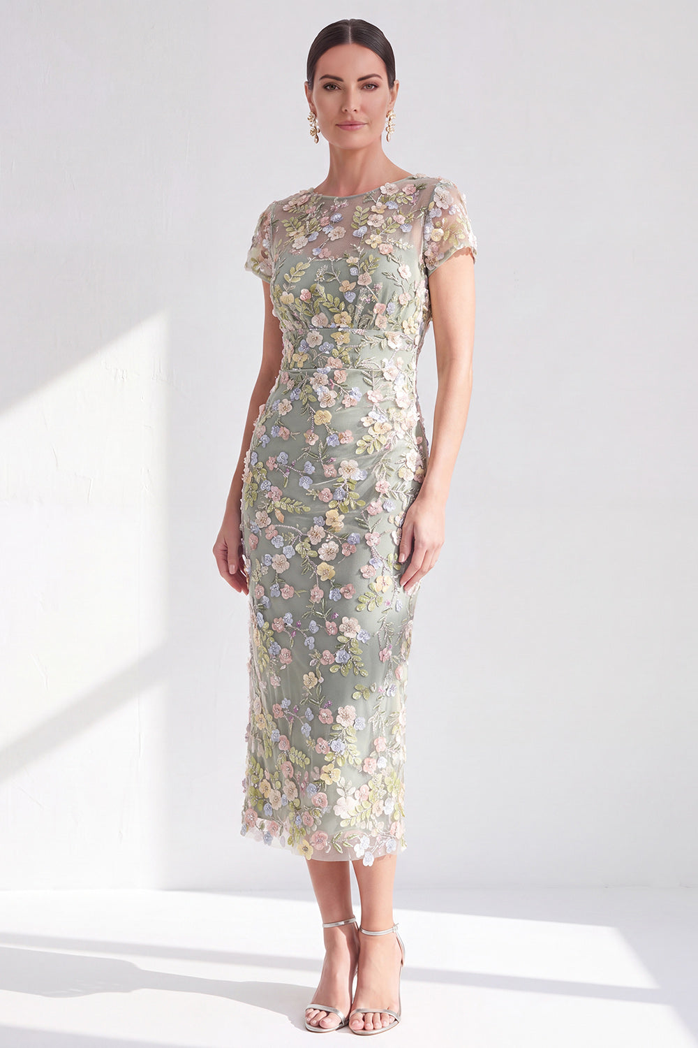 ZAPAKA Women Blue Floral Mother of the Bride Dress with Slit Bodycon Round Neck Appliqued Midi Wedding Guest Dress, Dusty Sage / US16