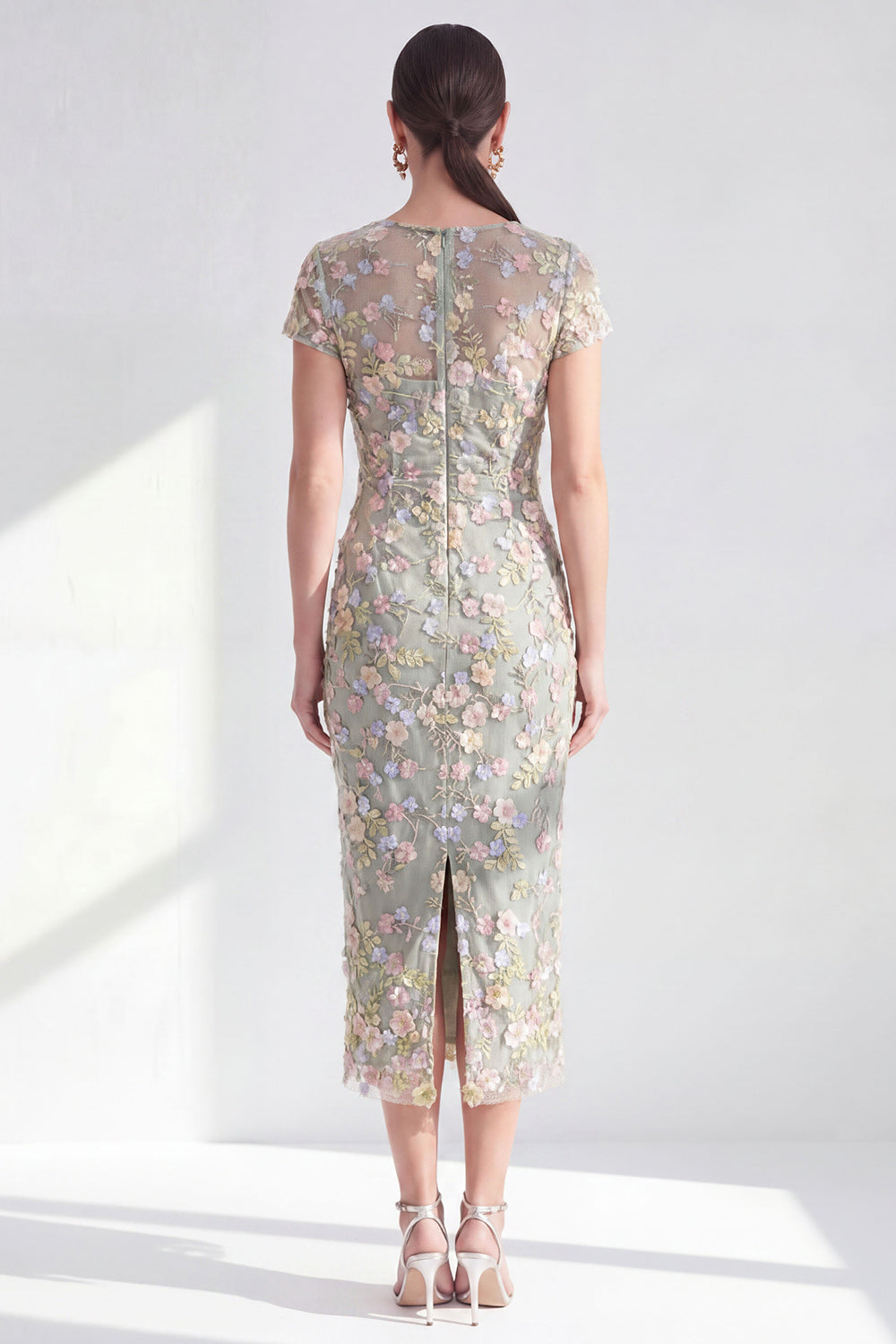Blue Midi Illusion Round Neck Mother of the Bride Dress with 3D Flowers