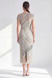 Blue Midi Illusion Round Neck Mother of the Bride Dress with 3D Flowers