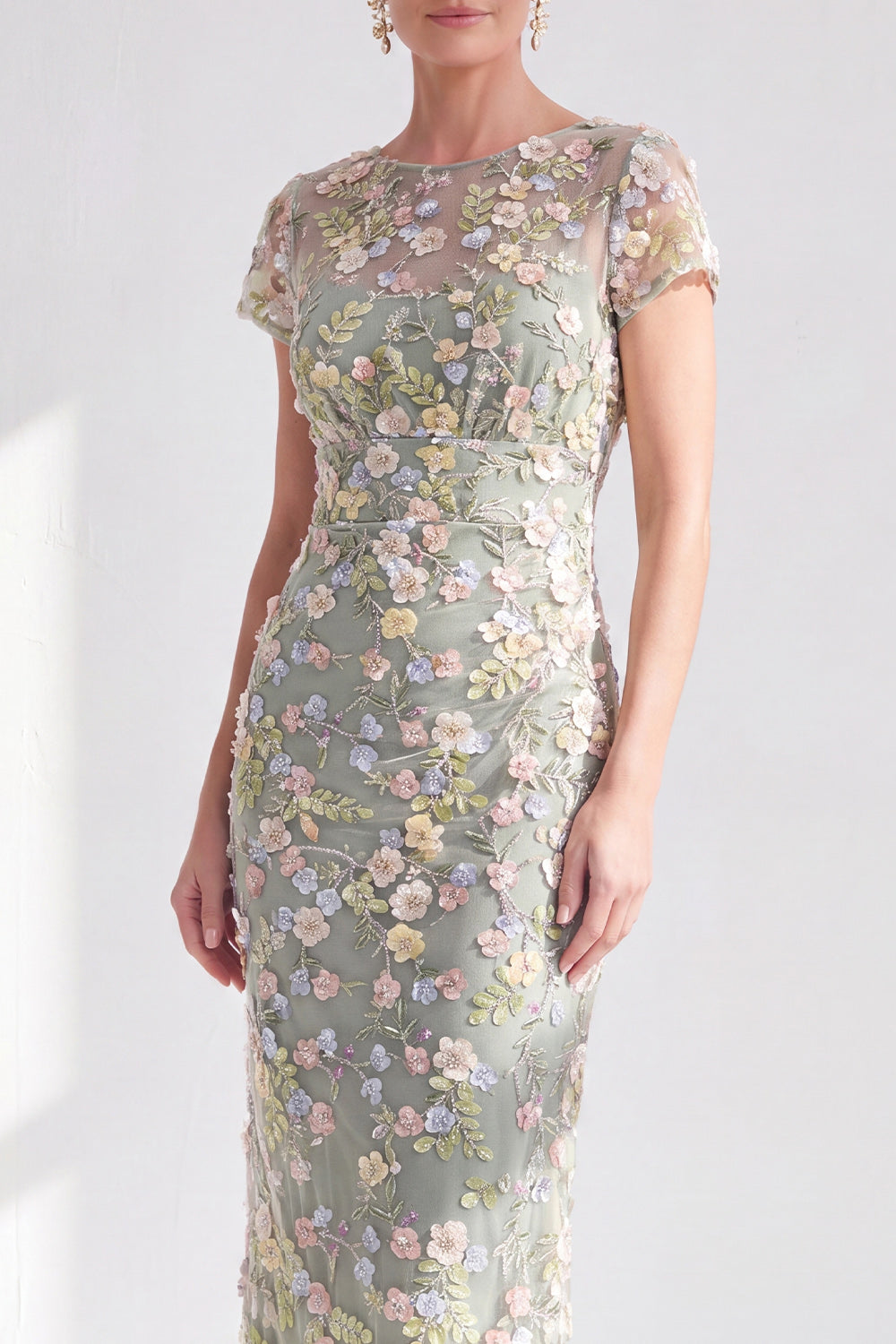 ZAPAKA Women Blue Floral Mother of the Bride Dress with Slit Bodycon Round Neck Appliqued Midi Wedding Guest Dress, Blush / US8