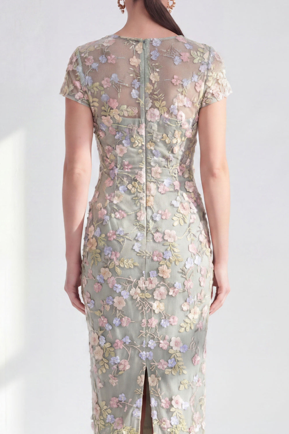Blue Midi Illusion Round Neck Mother of the Bride Dress with 3D Flowers