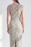 Blue Midi Illusion Round Neck Mother of the Bride Dress with 3D Flowers