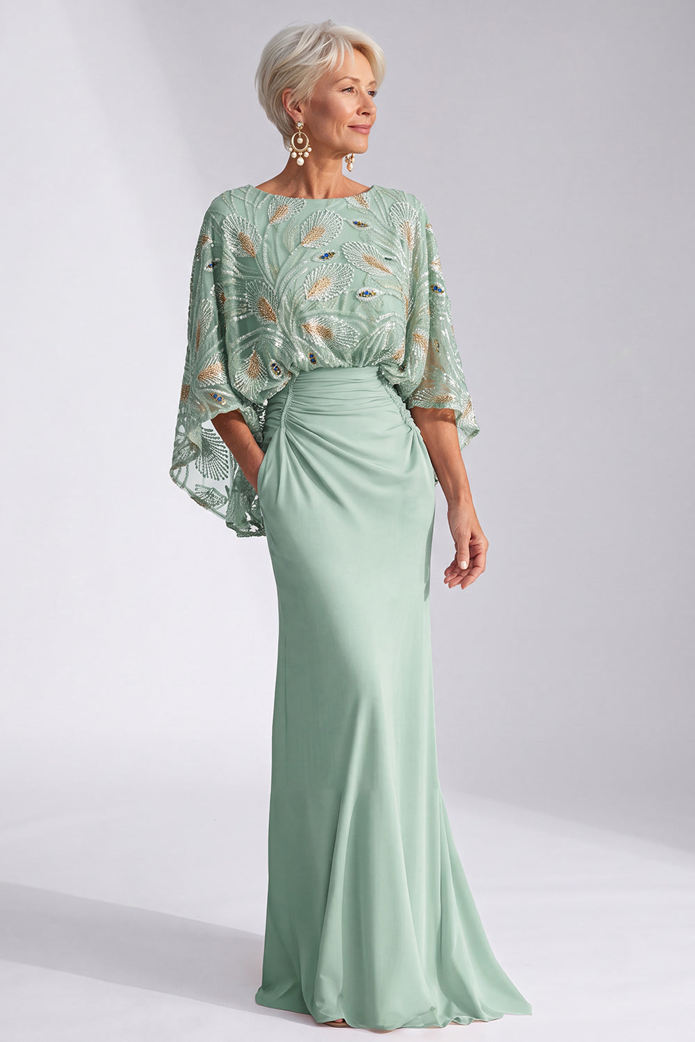 Green Sparkly Boat Neck Mermaid Long Mother of the Bride Dress with Sleeves