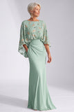 Green Sparkly Boat Neck Mermaid Long Mother of the Bride Dress with Sleeves