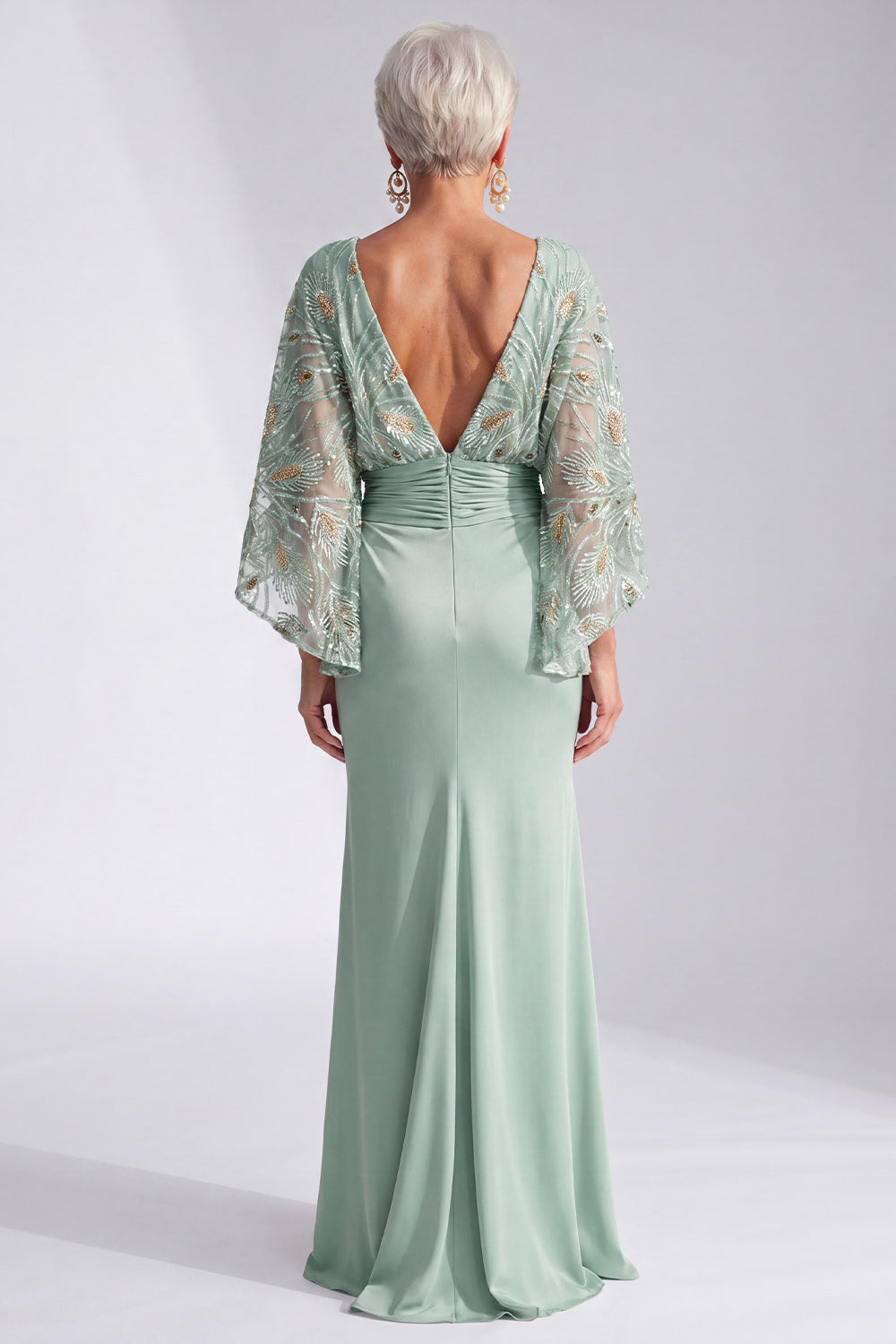 Green Sparkly Boat Neck Mermaid Long Mother of the Bride Dress with Sleeves