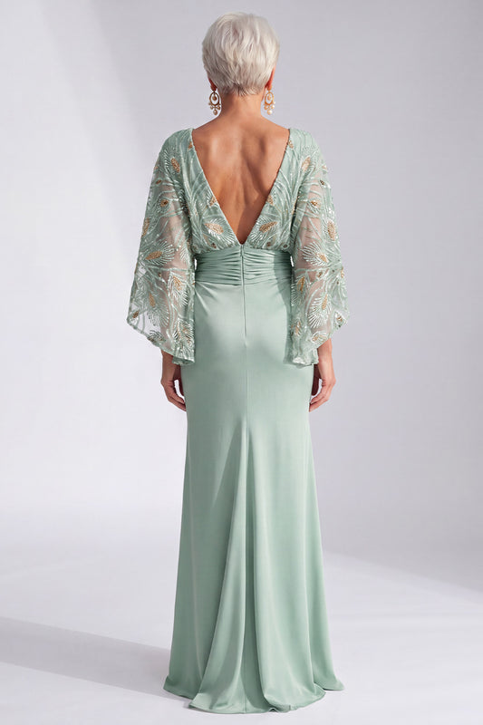 Green Sparkly Boat Neck Mermaid Long Mother of the Bride Dress with Sleeves