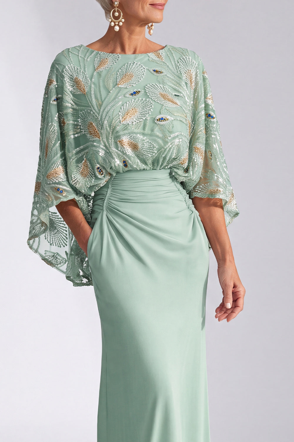 Green Sparkly Boat Neck Mermaid Long Mother of the Bride Dress with Sleeves