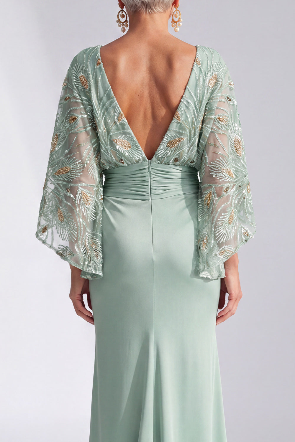 Green Sparkly Boat Neck Mermaid Long Mother of the Bride Dress with Sleeves
