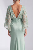 Green Sparkly Boat Neck Mermaid Long Mother of the Bride Dress with Sleeves