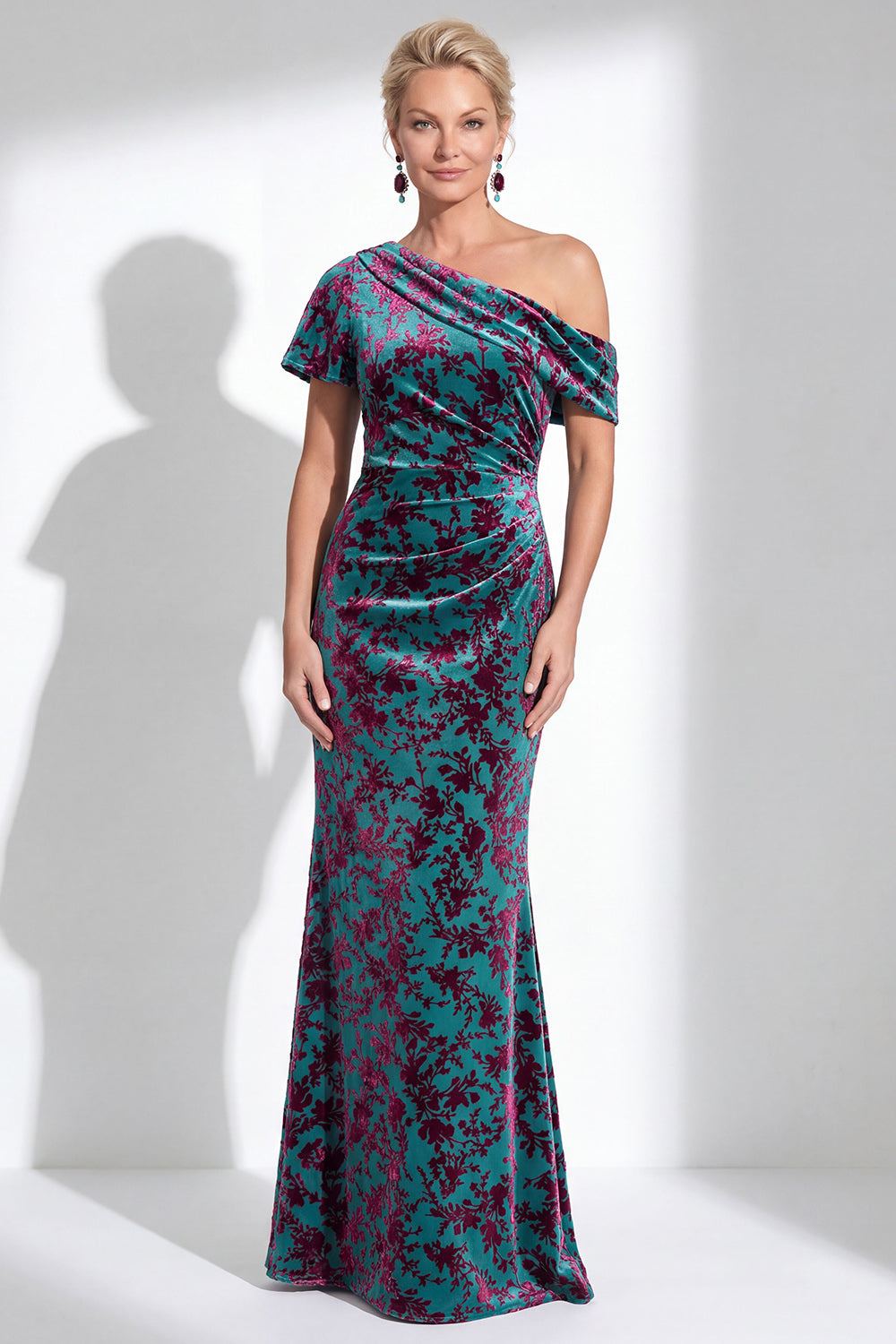 Fuchsia Floral Mermaid Long One Shoulder Mother of the Bride Dress