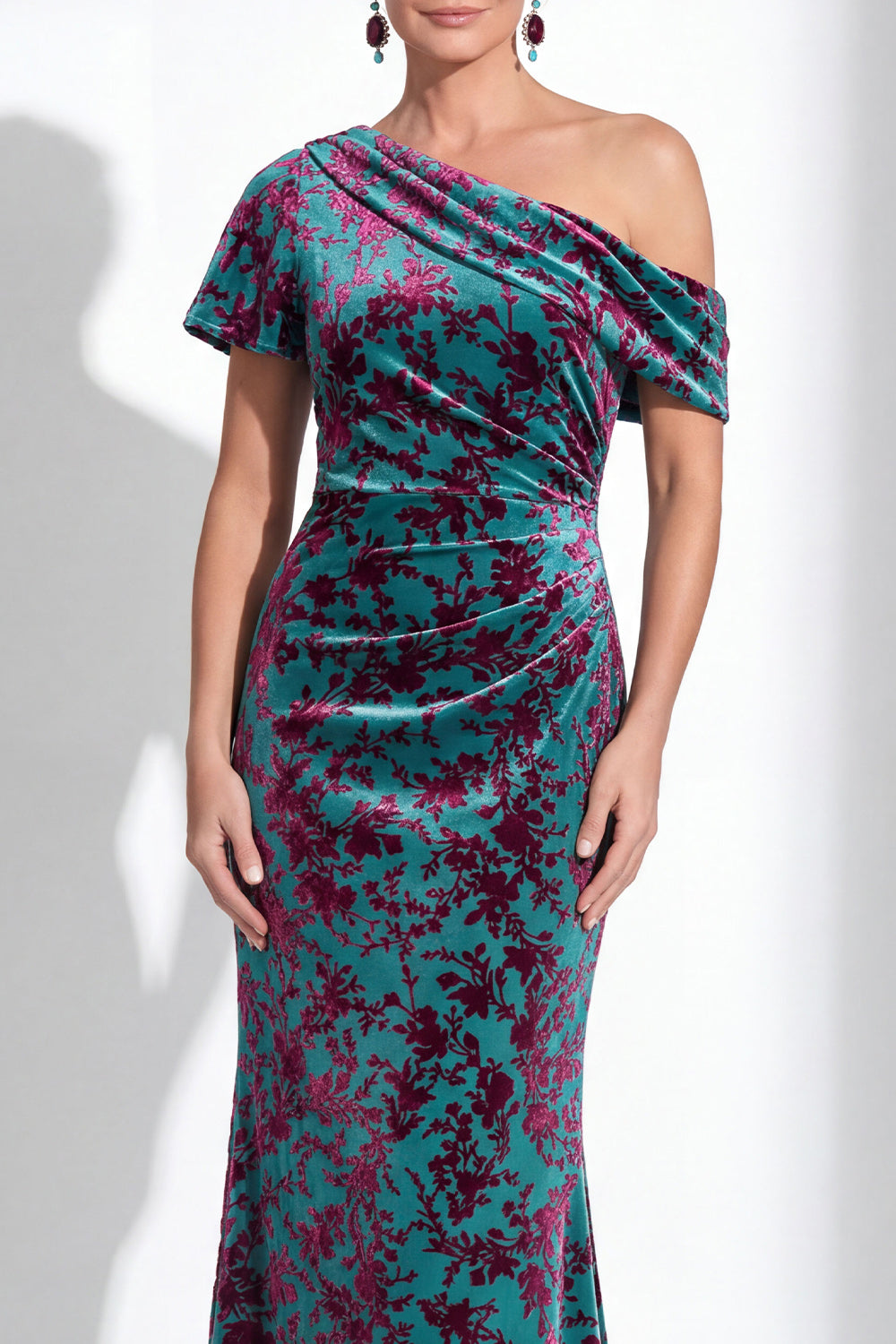 Fuchsia Floral Mermaid Long One Shoulder Mother of the Bride Dress