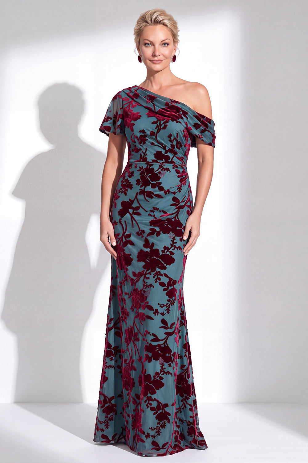 Fuchsia Floral Mermaid Long One Shoulder Mother of the Bride Dress