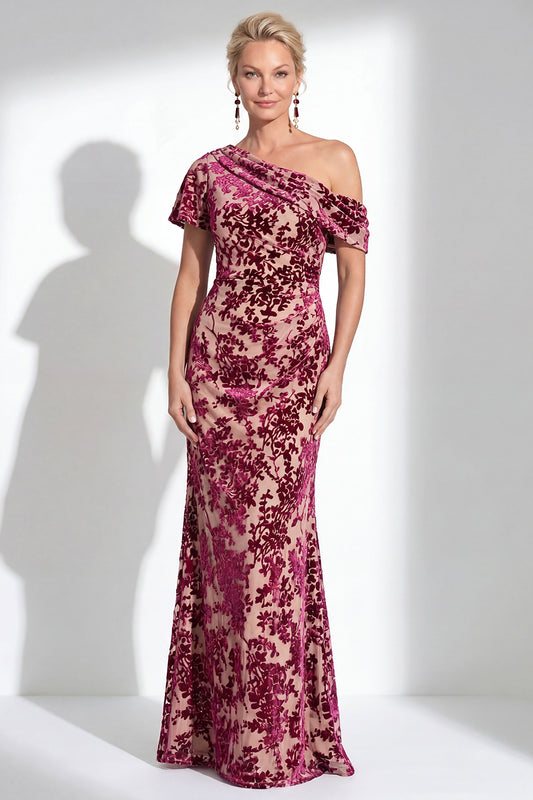 Fuchsia Floral Mermaid Long One Shoulder Mother of the Bride Dress