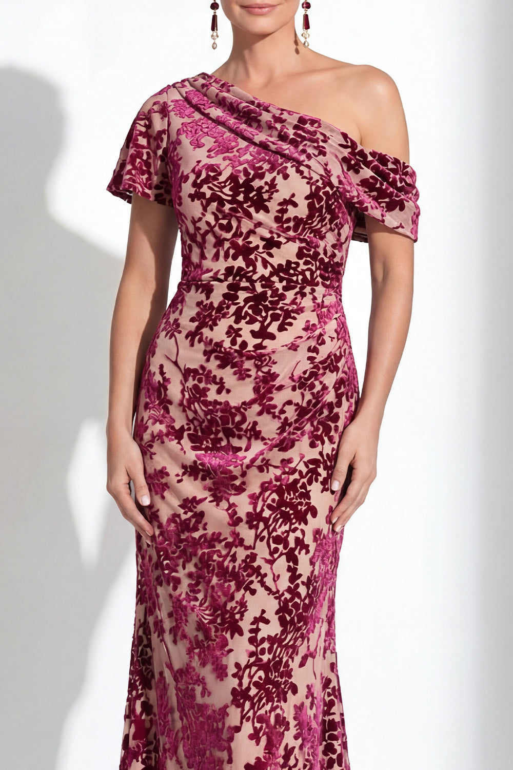 Fuchsia Floral Mermaid Long One Shoulder Mother of the Bride Dress