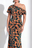 Fuchsia Floral Mermaid Long One Shoulder Mother of the Bride Dress