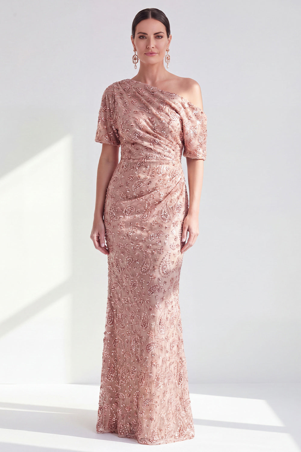 Dusty Rose One Shoulder Mermaid Sparkly Beaded Long Mother of the Bride Dress