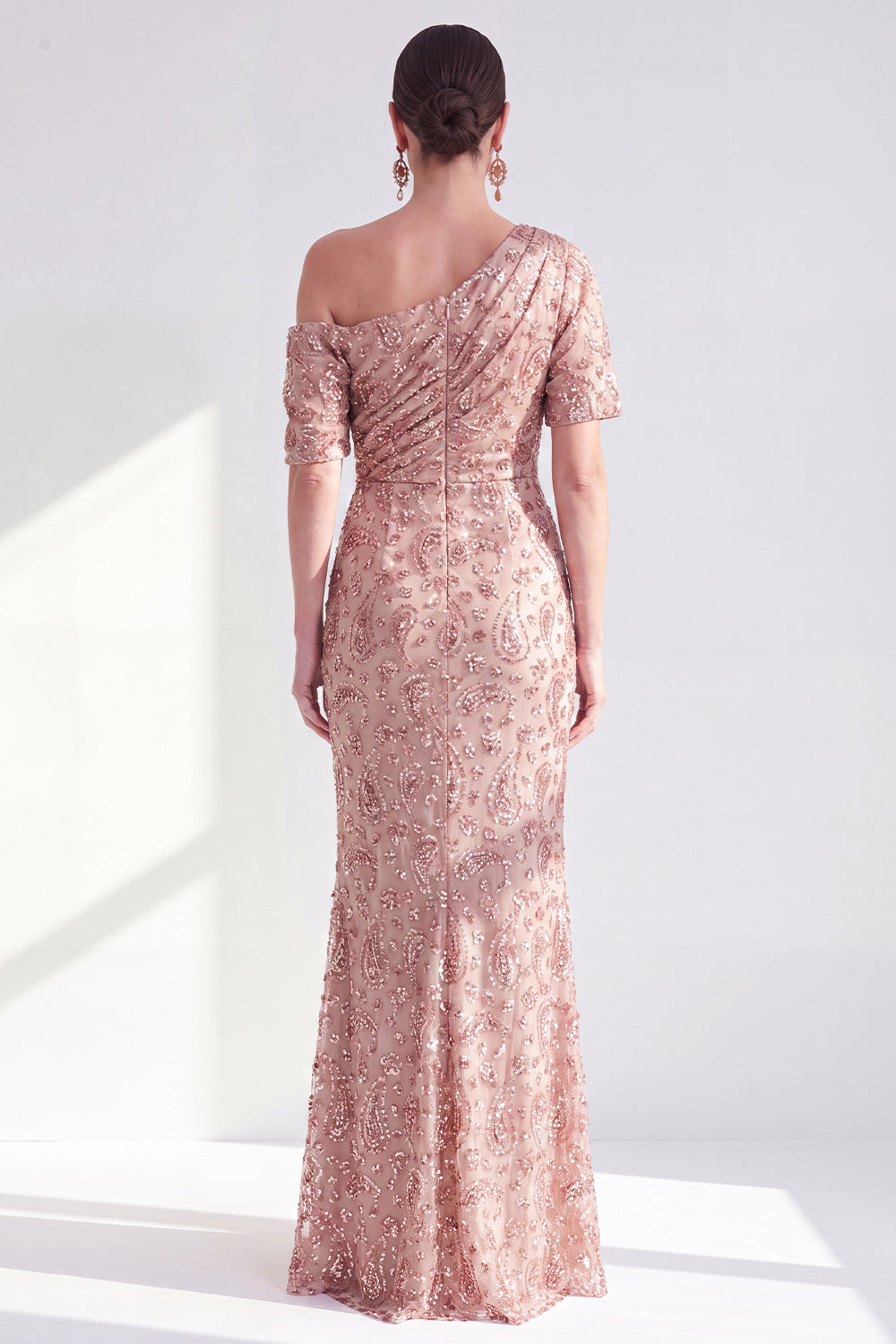 Dusty Rose One Shoulder Mermaid Sparkly Beaded Long Mother of the Bride Dress