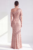 Dusty Rose One Shoulder Mermaid Sparkly Beaded Long Mother of the Bride Dress