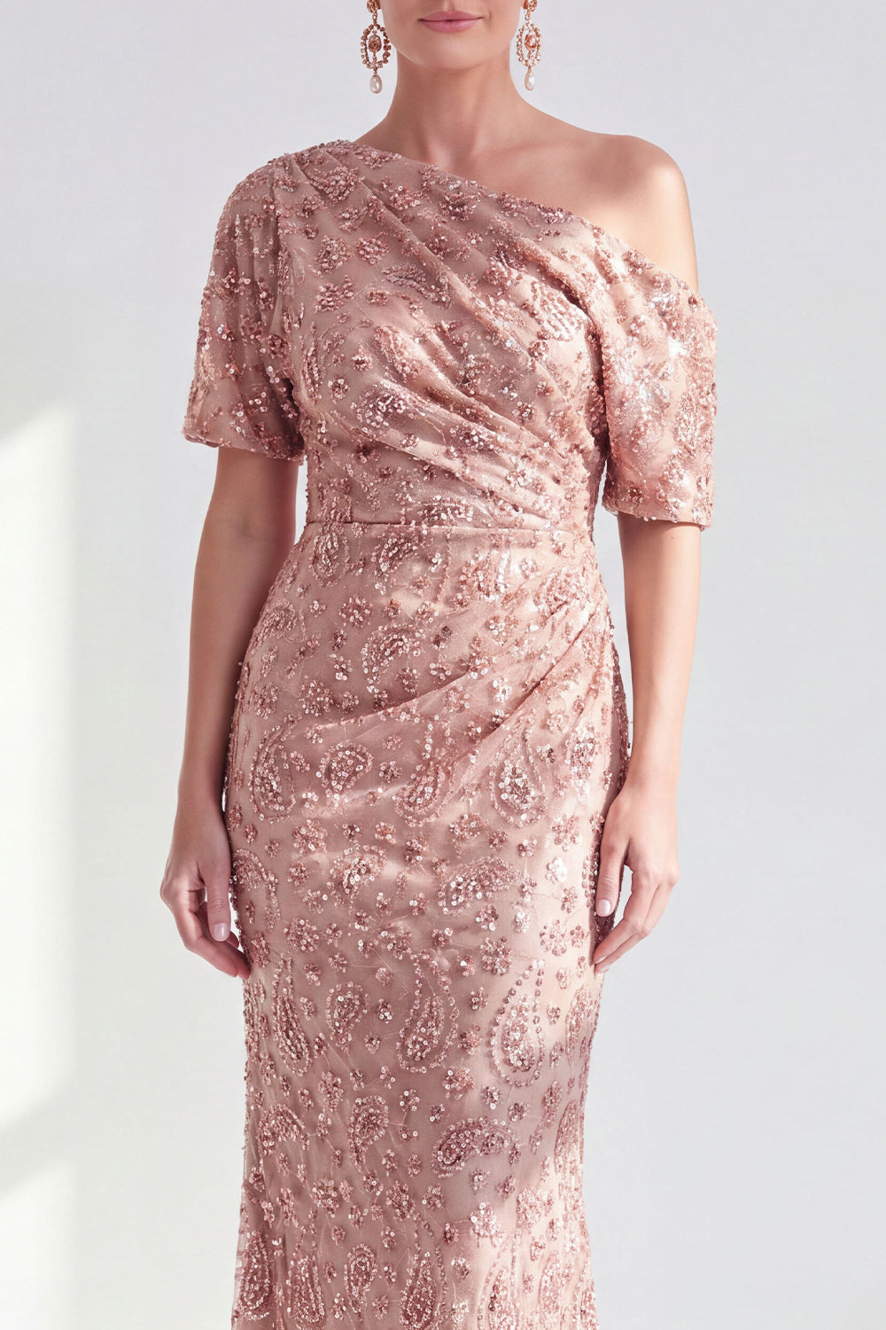 Dusty Rose One Shoulder Mermaid Sparkly Beaded Long Mother of the Bride Dress