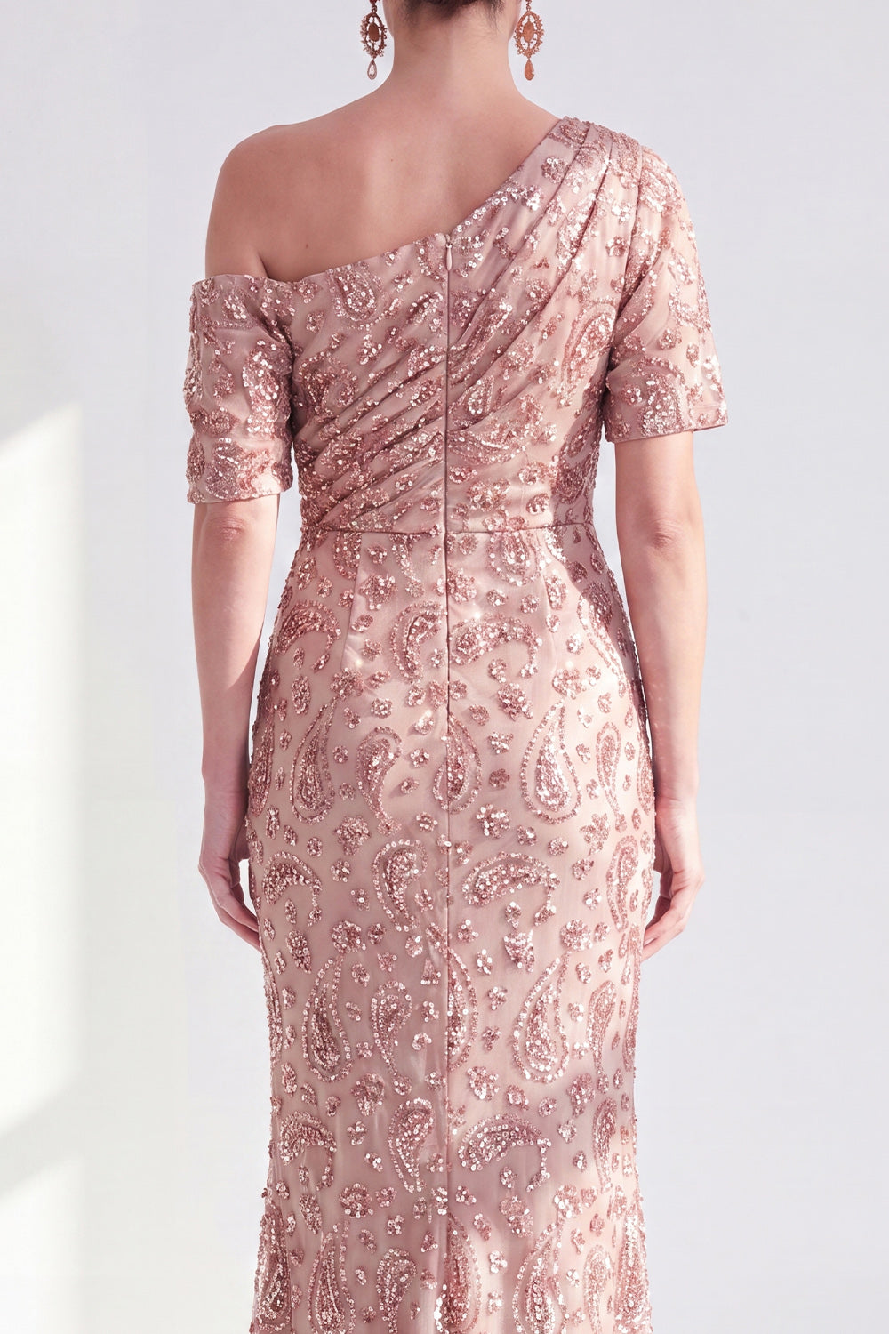 Dusty Rose One Shoulder Mermaid Sparkly Beaded Long Mother of the Bride Dress