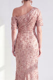 Dusty Rose One Shoulder Mermaid Sparkly Beaded Long Mother of the Bride Dress