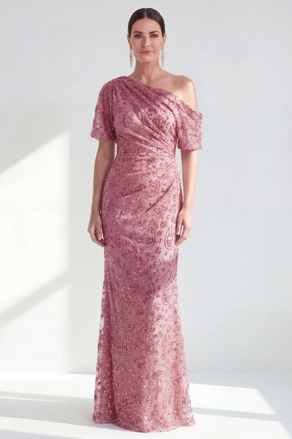 Dusty Rose One Shoulder Mermaid Sparkly Beaded Long Mother of the Bride Dress
