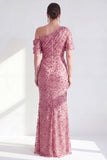 Dusty Rose One Shoulder Mermaid Sparkly Beaded Long Mother of the Bride Dress