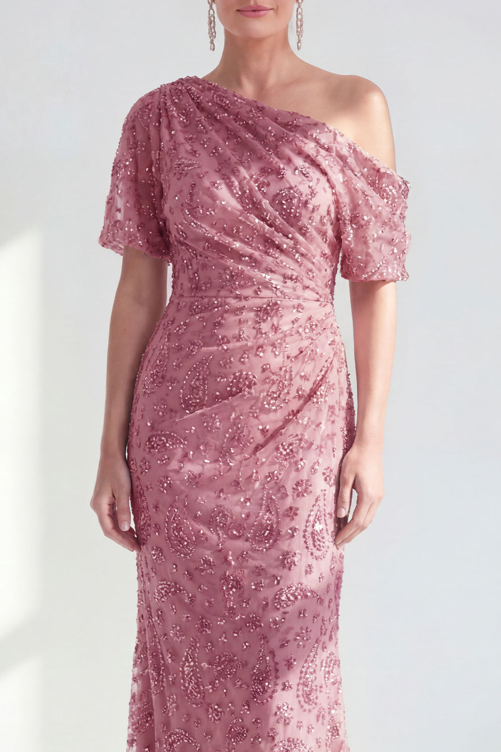 Dusty Rose One Shoulder Mermaid Sparkly Beaded Long Mother of the Bride Dress