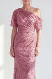 Dusty Rose One Shoulder Mermaid Sparkly Beaded Long Mother of the Bride Dress