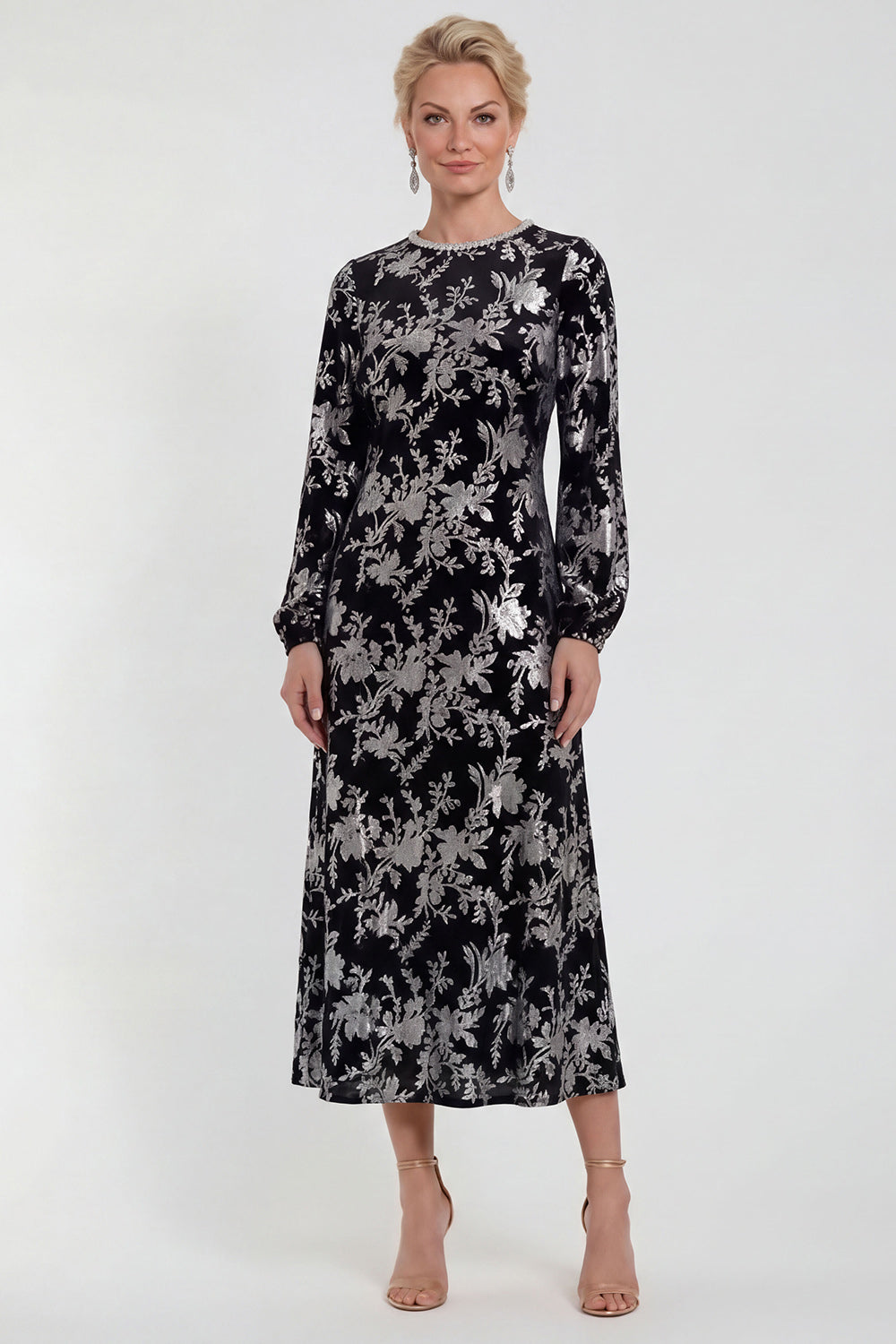 ZAPAKA Women Fuchsia A-Line Mother of the Bride Dress with Long Sleeves Round Neck Velvet Floral Midi Wedding Guest Dress, Black / US26W