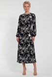 Fuchsia Floral Round Neck Midi Mother of the Bride Dress with Sleeves