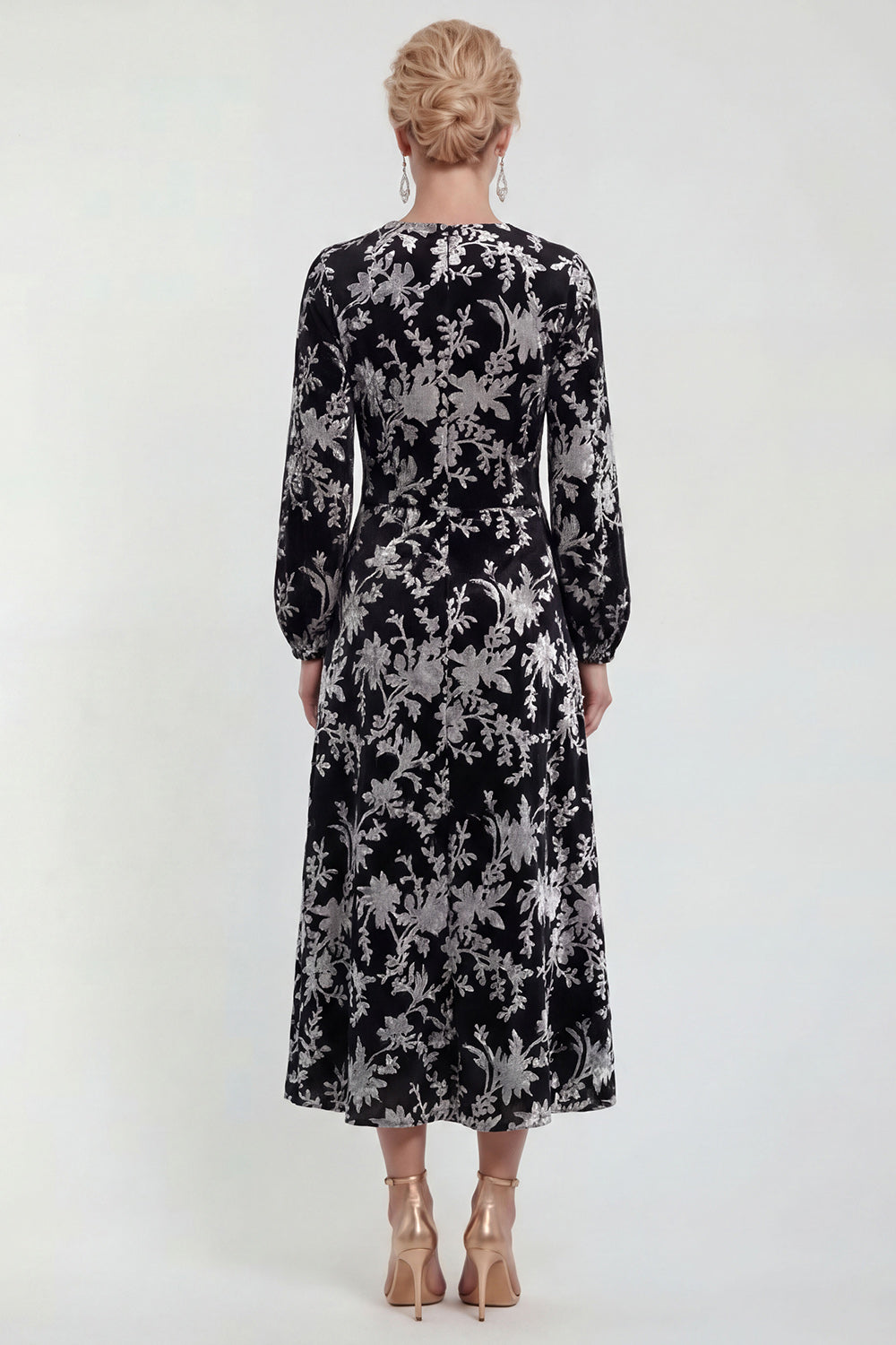 ZAPAKA Women Fuchsia A-Line Mother of the Bride Dress with Long Sleeves Round Neck Velvet Floral Midi Wedding Guest Dress, Black / US26W