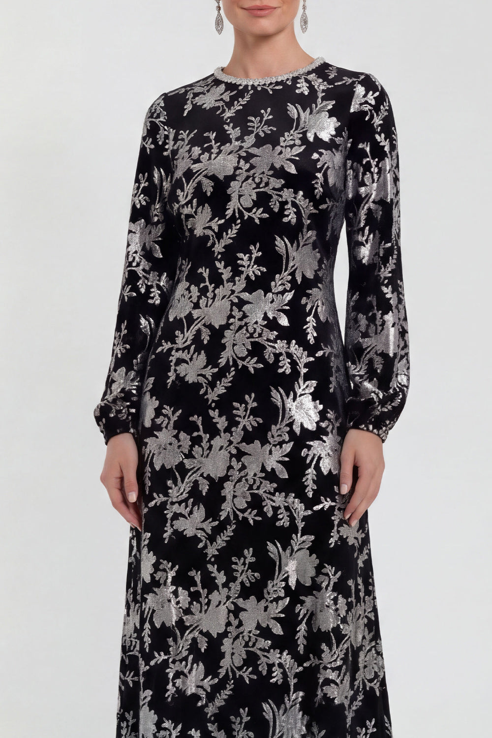 Fuchsia Floral Round Neck Midi Mother of the Bride Dress with Sleeves
