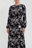 Fuchsia Floral Round Neck Midi Mother of the Bride Dress with Sleeves