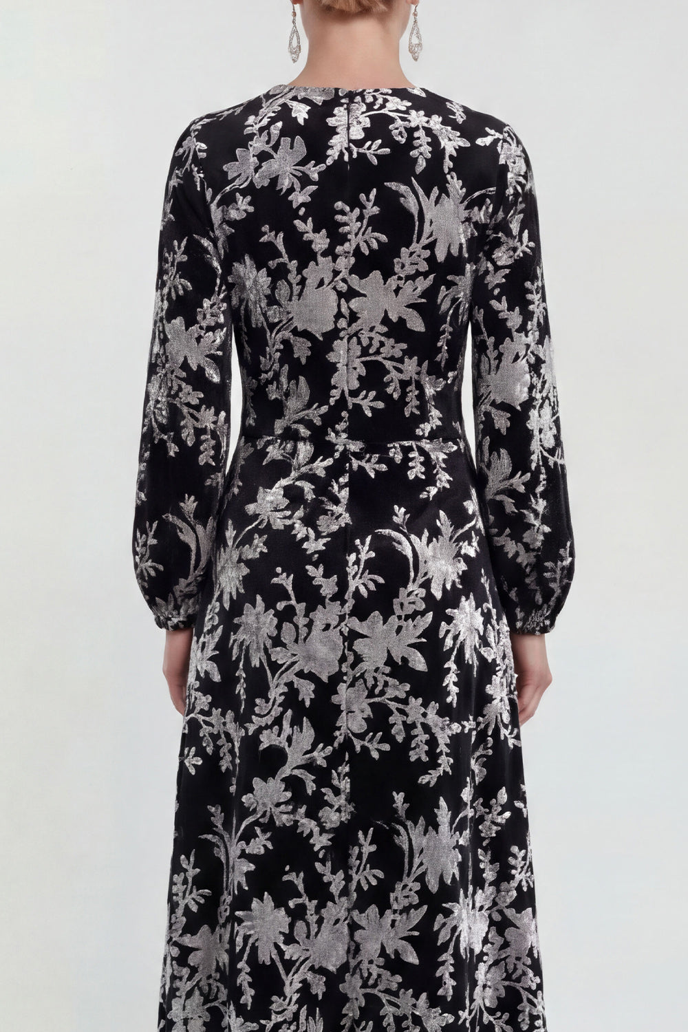 Fuchsia Floral Round Neck Midi Mother of the Bride Dress with Sleeves