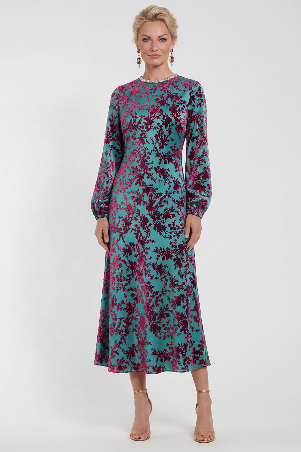 Fuchsia Floral Round Neck Midi Mother of the Bride Dress with Sleeves
